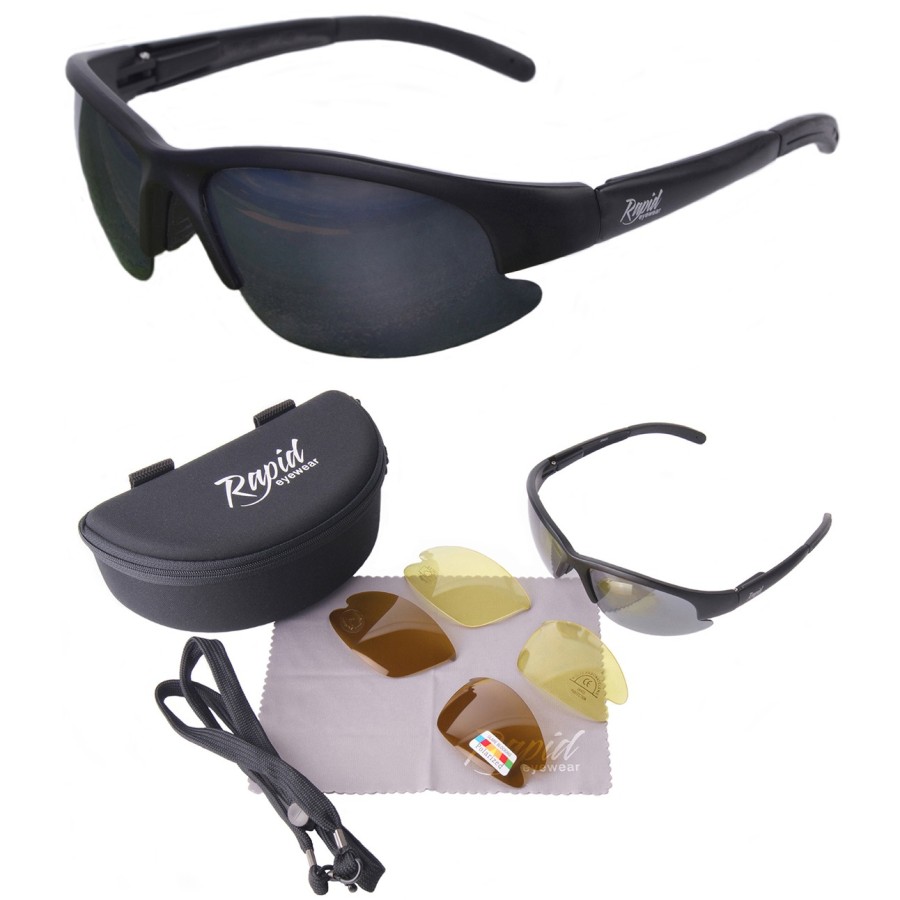 With Interchangeable Lenses Rapid Eyewear Expert Black Polarised Sunglasses for Sport 
