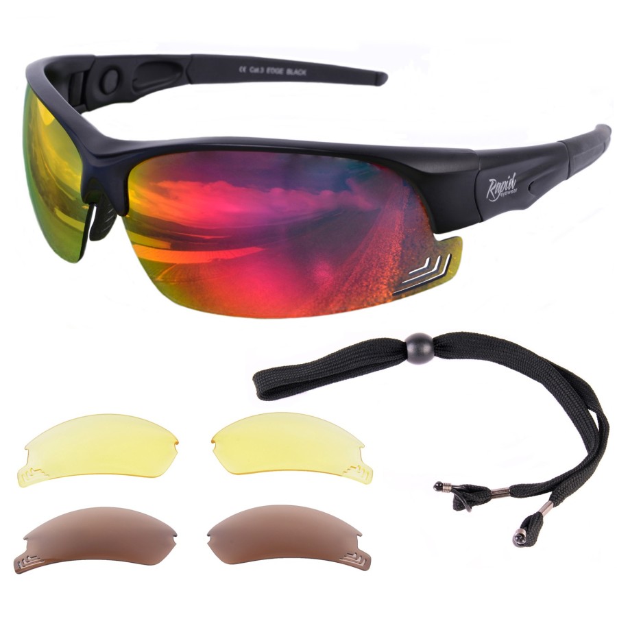 Sunglasses For Tennis | Black Frame, Interchangeable Red UV Lenses