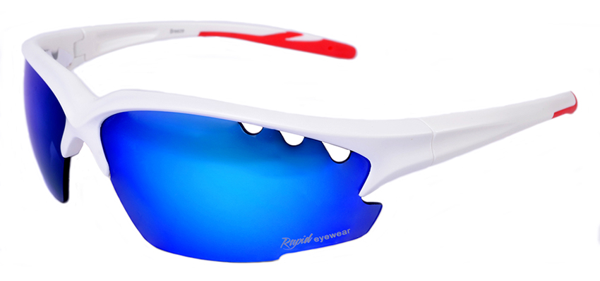 Wrap around ski sunglasses with blue mirror lenses
