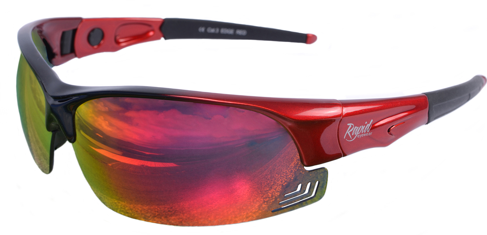 Red sunglasses for skiiers with mirrored lenses