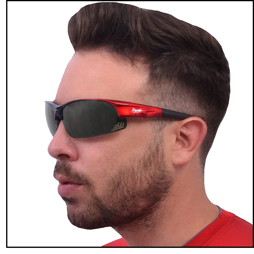 Red sunglasses for golf with green mirror lenses