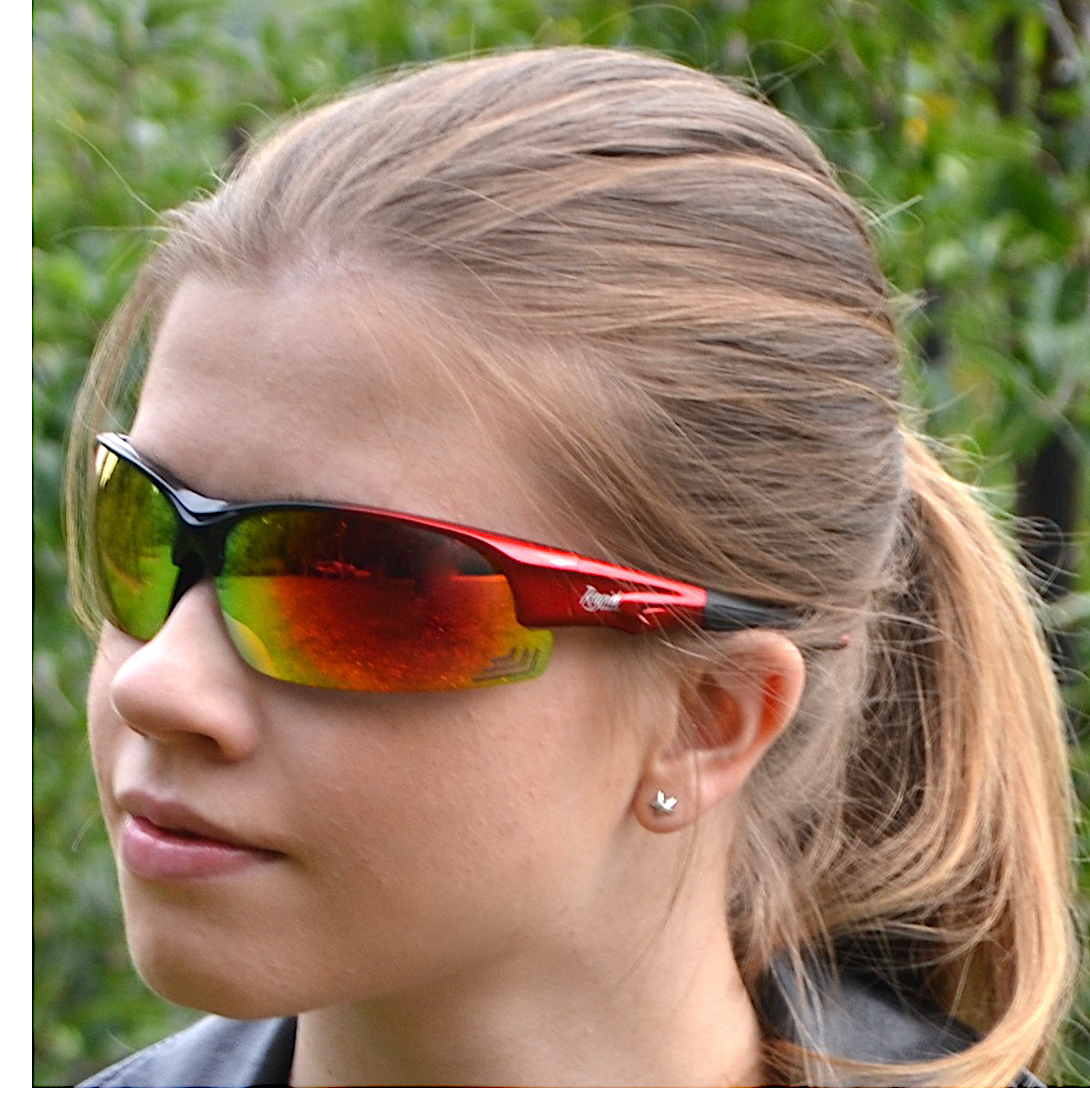 Red wraparound sports sunglasses
